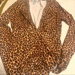 Leopard print low cut one piece long sleeve sexy top